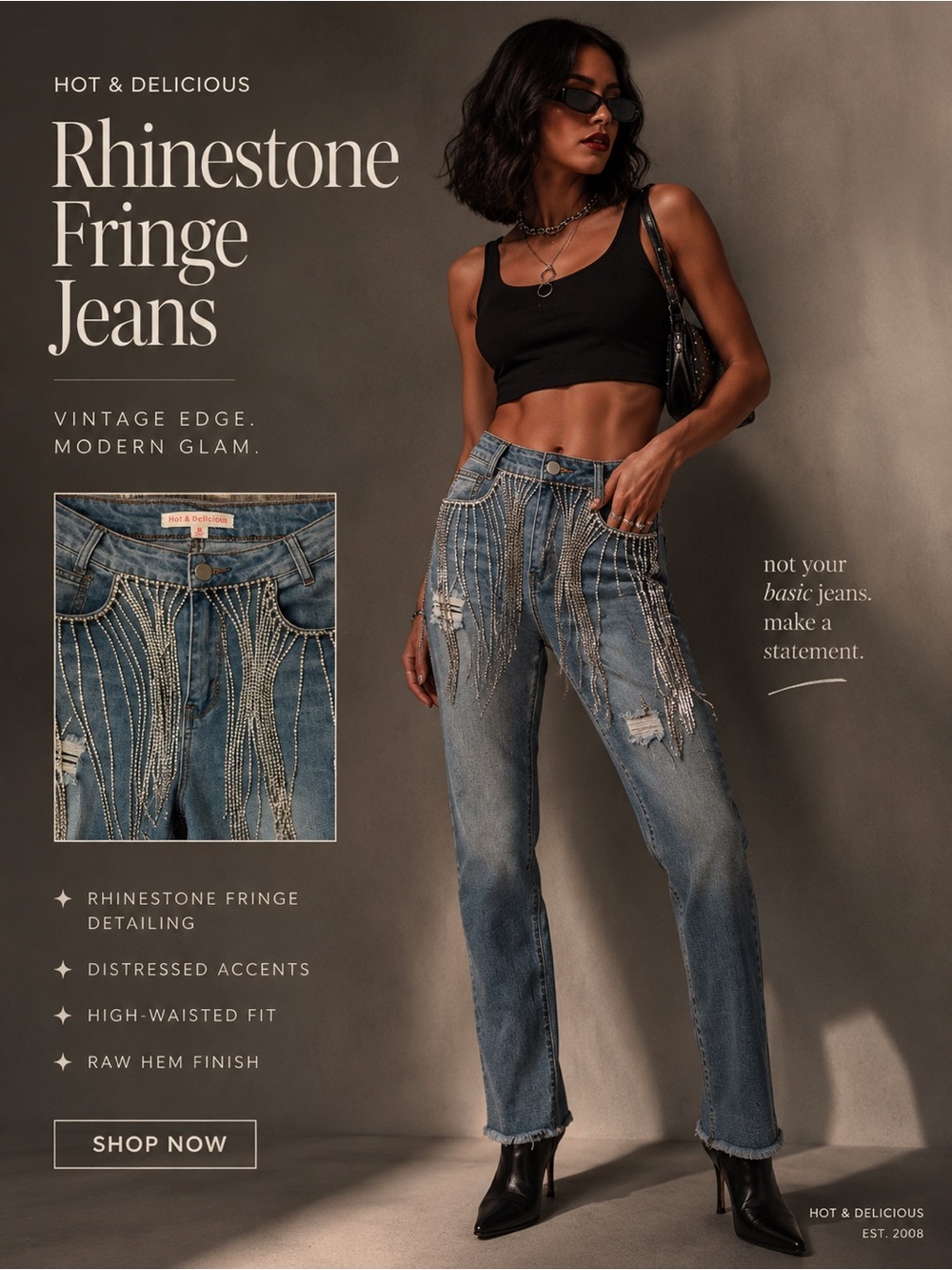 Hot & Delicious Rhinestone Fringe Straight-Leg Jeans - Blue